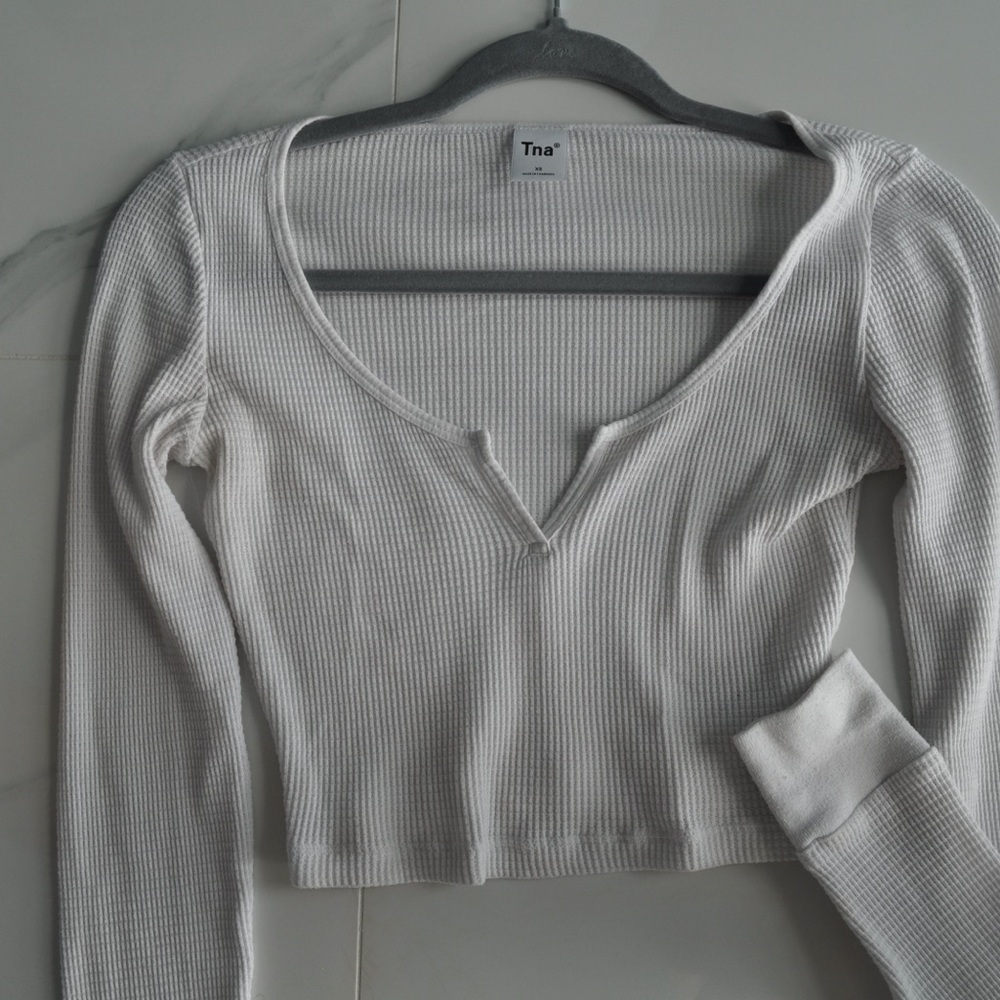 TNA Cream Puff Sleeve Ribbed Crop Blouse